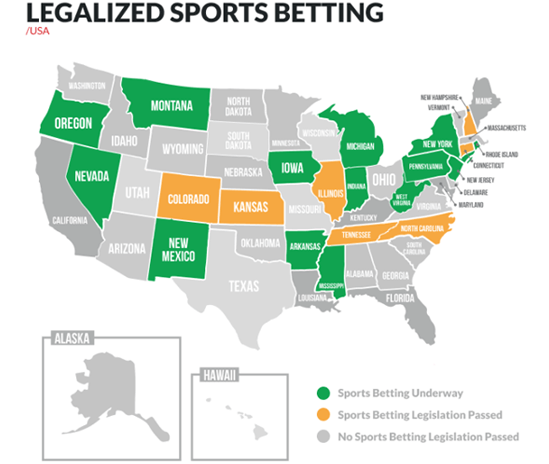 Carte des États-Unis Montrant les États Où les Paris Sportifs sont légalisés