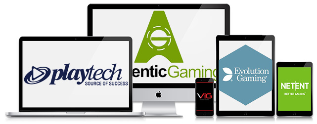 Logos des fournisseurs de logiciels de Casino en direct-Playtech, Authentic Gaming, NetEnt, Evolution Gaming et Visionary iGaming